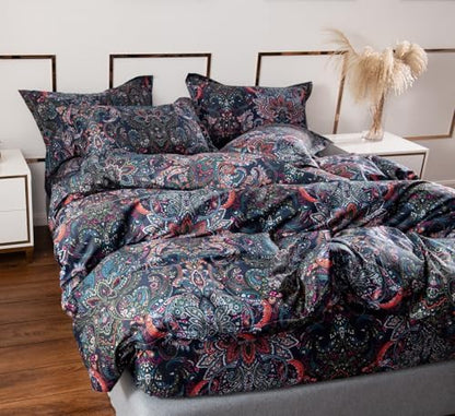 VM VOUGEMARKET Retro Paisley Duvet Cover Queen Size Boho Damask Duvet Cover Sets 100% Brushed Cotton Bedding Set,1 Duvet Cover and 2 Pillow Shams for All Seasons-Stormy Blue