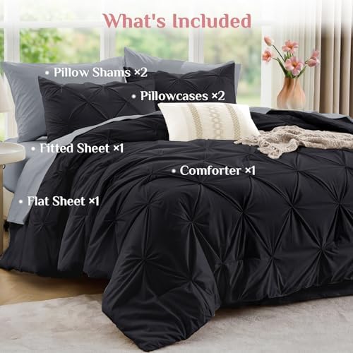 JOLLYVOGUE Full Size Comforter Sets 7 Pieces - Bed in a Bag Full for All Season, Pintuck Bedding Comforter Sets with Comforter, Flat Sheet, Fitted Sheet and Pillowcases & Shams, Black & Light Grey