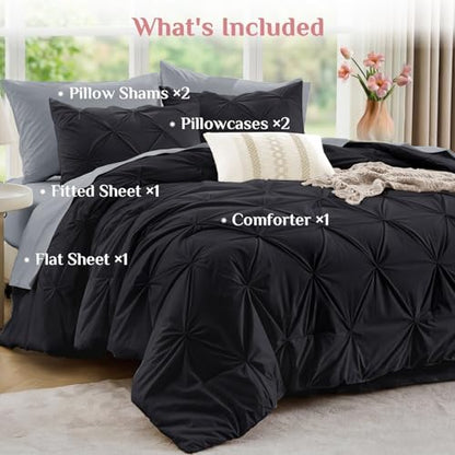 JOLLYVOGUE Full Size Comforter Sets 7 Pieces - Bed in a Bag Full for All Season, Pintuck Bedding Comforter Sets with Comforter, Flat Sheet, Fitted Sheet and Pillowcases & Shams, Black & Light Grey