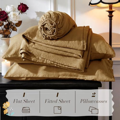 SONORO KATE 100% French Linen King Size Sheets Set,Natural Flax Bedding