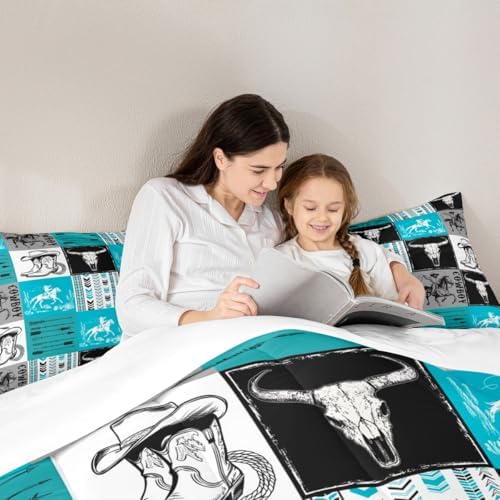 Manfei Cowboy Comforter Set Twin Size, Bull Skull Horse Arrow Quilt Set with 1 Pillowcase, Geometric Grid Blue Plaid Bedding Set 2pcs for Kids Boys Girls Room Decor Western Duvet Insert