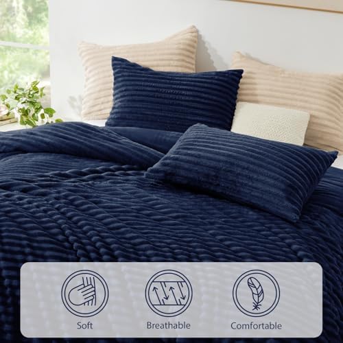 EXQ Home Fluffy Comforter Set King Size,3 Pieces Bed Set,Navy Blue