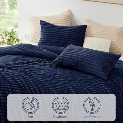 EXQ Home Fluffy Comforter Set King Size,3 Pieces Bed Set,Navy Blue