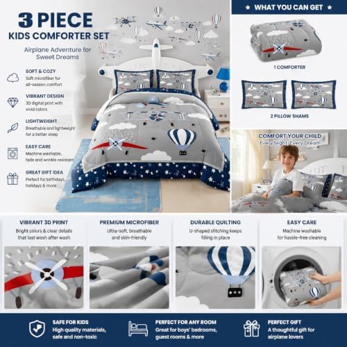 Castle Fairy Airplane Comforter Set Queen Size for Boys, Kids Aviation Bedding Set with 2 Pillow Shams, Soft Lightweight Microfiber Quilt with Airplane Clouds Stars Design, Blue Gray Bedroom Decor