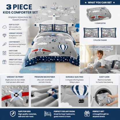 Castle Fairy Airplane Comforter Set Queen Size for Boys, Kids Aviation Bedding Set with 2 Pillow Shams, Soft Lightweight Microfiber Quilt with Airplane Clouds Stars Design, Blue Gray Bedroom Decor