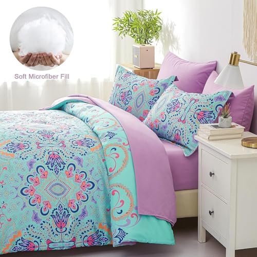 DHSFKBE Twin Comforter Set, 5 Piece Bed in a Bag, Boho Aqua and Lilac Damask Medallion Print Comforter with Sheets, Soft Microfiber Complete Bedding Set for All Season (Aqua, Twin)