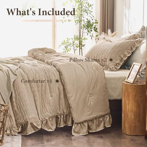 JOLLYVOGUE Khaki Oversized Queen Comforter Set,3pcs Seersucker Bed Set