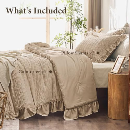 JOLLYVOGUE Khaki Oversized King Comforter Set,3pcs Seersucker Bed Set