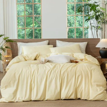 MooMee Striped Duvet Cover Set 100% Washed Cotton Linen Like King