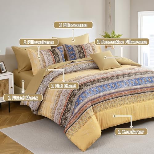 Cottolester Boho Full Comforter Set,Yellow Bohemian Striped Bed in a Bag