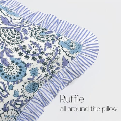 CPC Block Print Indigo Blue Ruffle Cotton Lumbar Pillow Cover 14x36 inch