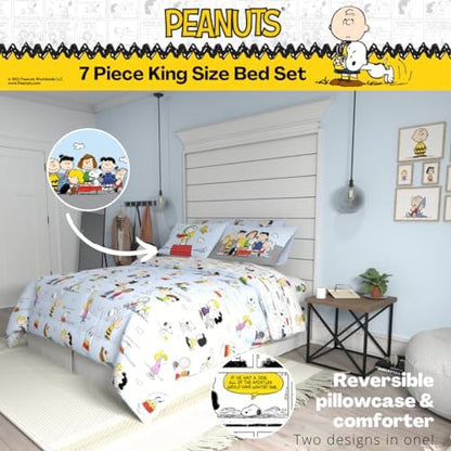 Peanuts® Charlie Brown, Snoopy & Gang Bedding, 7 Piece Super Soft Cozy Reversible Comforter and Sheet Set with Sham, King, (100% Official Licensed Product) By Franco Collectibles