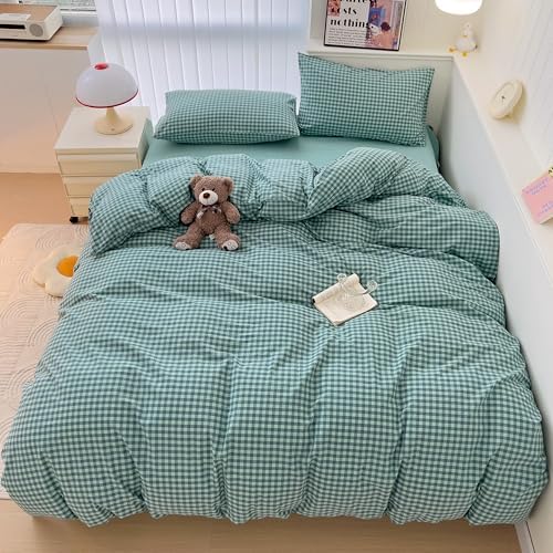 mixinni Dark Green Gingham Comforter Set King, Plaid Comforter Set 3 Pieces 1 Teal Grid Comfoter with 2 Pillow Cases for All Seasons, Soft Fluffy Modern Grid Pattern Printed Bedding-King Size