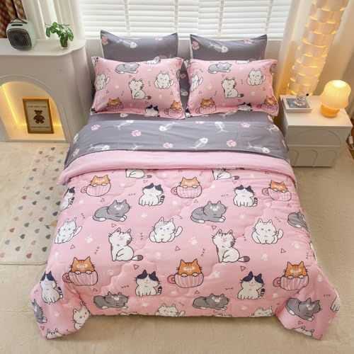7 Piece Girls Cat Bedding Comforter Set Full Size for Kids Bed in A Bag Pink Cute Light Polyester Pet Cats Bedding Set for Teens and Young Girl