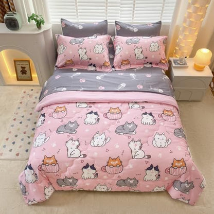 7 Piece Girls Cat Bedding Comforter Set Full Size for Kids Bed in A Bag Pink Cute Light Polyester Pet Cats Bedding Set for Teens and Young Girl