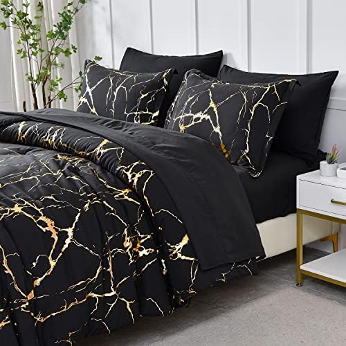 Yogeneg Gold Metallic Marble Comforter Set Queen Size,7 Piece Bed in a Bag,Foil Print Glitter Black Comforter and Sheet Set,All Season Soft Microfiber Complete Bedding Sets(Black,Queen)
