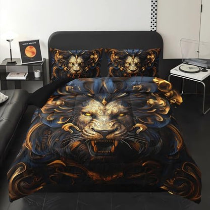 Black and Gold Lion Comforter Set Queen Bed Set，Lion Animal Print Bedding Queen Size，with 1 Comforter with 2 Pillow Case，Animal Themed Bedroom Decor