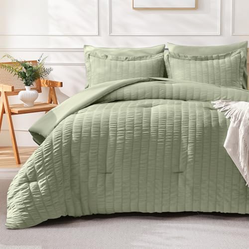 FreshCulture Comforter Set Seersucker 5 Pieces, All Season Bedding Set Twin XL, Bed in a Bag Comforter Set with Comforter, Flat Sheet, Fitted Sheet, Pillowcase and Pillow Sham, Sage