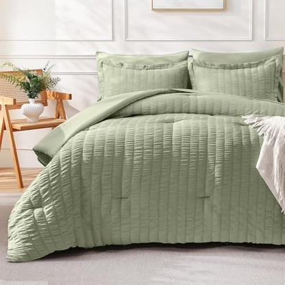 FreshCulture Comforter Set Seersucker 5 Pieces, All Season Bedding Set Twin XL, Bed in a Bag Comforter Set with Comforter, Flat Sheet, Fitted Sheet, Pillowcase and Pillow Sham, Sage