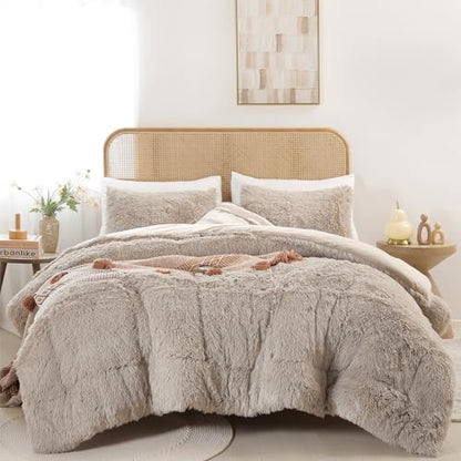 Smoofy Fluffy Full Size Comforter Set, Oatmeal Faux Fur Comforter Set 3 Pcs
