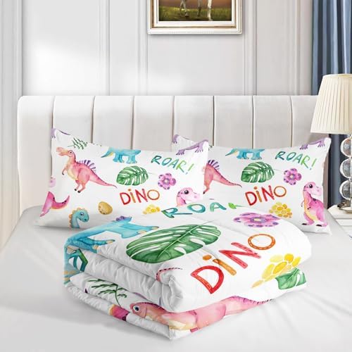 Cartoon Dinosaur Comforter Set Full 3Pc Kawaii Dinosaur Bedding Set All Season with Tree, Leaf Decoration Includes 1 Comforter, 2 Pillowcases for Kids Girls Teens