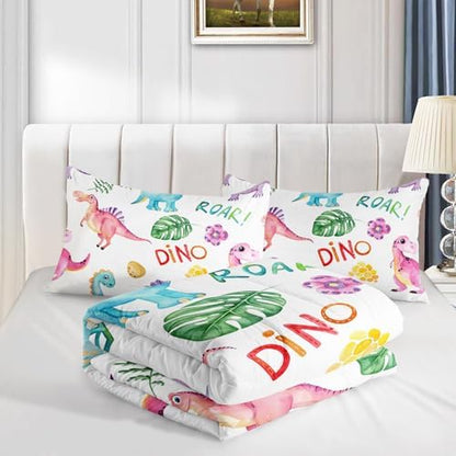 Cartoon Dinosaur Comforter Set Twin 3Pc Kawaii Dinosaur Bedding Set All Season with Tree, Leaf Decoration Includes 1 Comforter, 2 Pillowcases for Kids Girls Teens