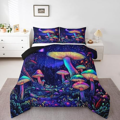 jejeloiu Cute Mushroom Comforter Set Full Size Kids Cartoon Mushrooms Bedding Set Boys Girls Kawaii Fungus Decor Duvet Breathable Starry Night Sky Quilt Bedroom Decor,1 Comforter with 2 Pillowcase