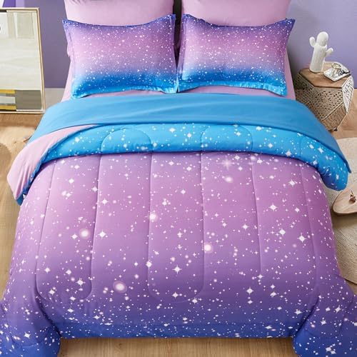 Dinjoy Girls Comforter Set 7 Pieces, Queen Size Colorful Ombre Rainbow Bedding Set, Bed in A Bag for Kid Teen Girls (1 Comforter, 1 Flat Sheet, 1 Fitted Sheet, 2 Pillow Shams, 2 Pillowcases)