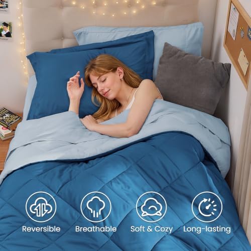 MUXHOMO 5 Pieces Twin XL Comforter Set, Reversible Bed in a Bag Twin XL Size, All Season Bedding Set with Comforter, Flat Sheet, Fitted Sheet, Pillowcases & Shams, Teal & Lake Blue