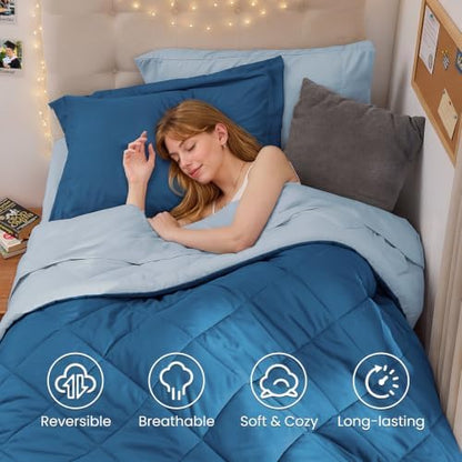 MUXHOMO 5 Pieces Twin XL Comforter Set, Reversible Bed in a Bag Twin XL Size, All Season Bedding Set with Comforter, Flat Sheet, Fitted Sheet, Pillowcases & Shams, Teal & Lake Blue