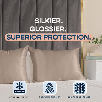 BLISSFORD Satin Pillowcase with Zipper, for Hair and Skin Care, Feels Soft and Cool Like a Silk Pillowcase, Satin Pillow Cases 2 Pack, Slik Pillow Cover, Pewter, King Size - Set of 2