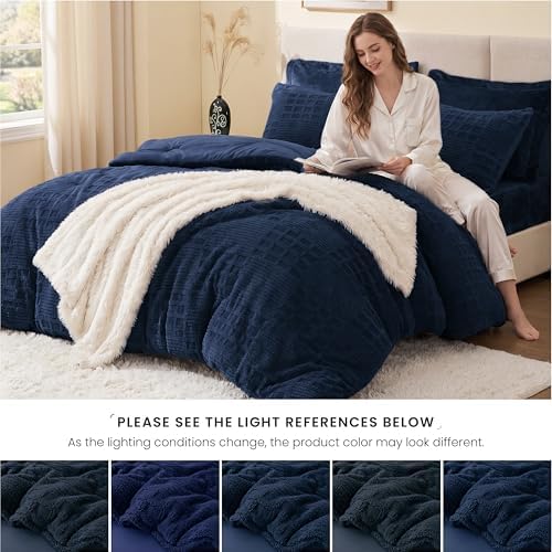EXQ Home Waffle Comforter Set King Size, 3 Pieces Bed Set,Navy Blue