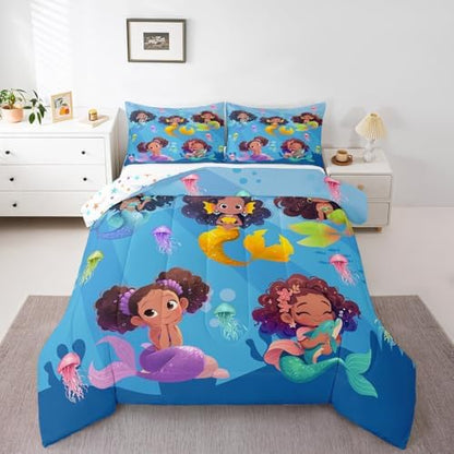 Homewish Black Girl Mermaid Comforter Set Full Size,Colorful Jellyfish Bedding Set 3Pcs,Cartoon Mermaid Quilt Set for Kids Teens Girls Room Decor,Cute Black Girls African Duvet Insert,2 Pillowcases