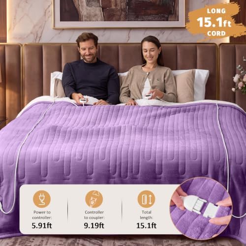 Heated Electric Blanket Queen, Dual Control, 84" x 90", Taro Purple