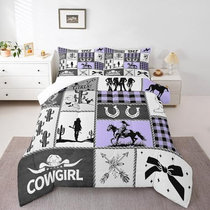 Western Cowgirl Bow Comforter Set King Size,Cactus Horseshoes Cowgirl Boot Bedding Set,Girls Women Room Decor,Cow Skull Geometric Plaids Patchwork Down Comforter,Rustic Duvet Insert,2 Pillowcases