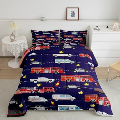 Feelyou Fire Truck Bedding Bed Set Police Car Comforter Set for Kids Boys Girls Teens Decor Engine Ambulance Cute Comforter Emergency Vehicle Blue Soft Quilt Room 3Pcs Full Size Boys