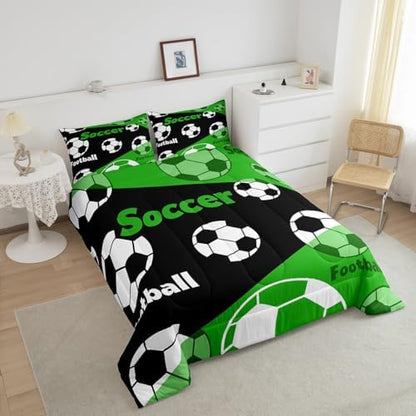 Manfei Boys Soccer Comforter Set King Size, Football Gaming Bedding Set 3pcs, Sports Theme Green Black Down Comforter All Season, Kids Teens Adult Room Decor, Soft and Lightweight, 2 Pillowcases