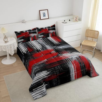 Feelyou Red Black and Grey Comforter Geometric Artistic Smear Comforter Set Abstract Graffiti Art Bedding Set Contemporary Modern Brush Design Duvet Set Room Decor Quilt Set Toddler Size
