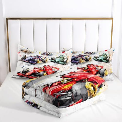 Race Car Comforter Queen Size,Race Car Kids Comforter Set,3Pcs Bedding Set Printed Comforter with 2 Pillowcases,Down Alternative,Soft and Lightweight,for All Seasons