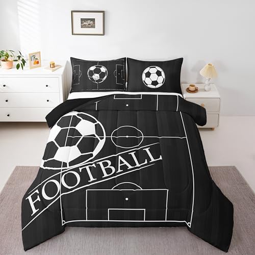 Erosebridal Kids Football Bedding King Size for Boys Girls Sport Comforter Set, Black Reversible Duvet Insert Black and White Quilt Set, Ball Gaming Bedding Comforters & Sets, Breathable