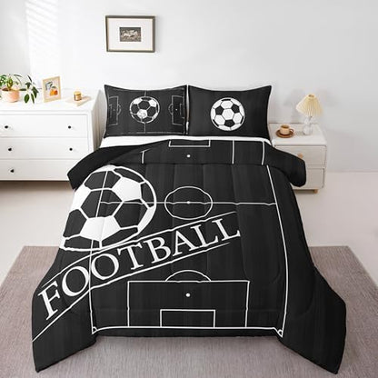 Erosebridal Kids Football Bedding King Size for Boys Girls Sport Comforter Set, Black Reversible Duvet Insert Black and White Quilt Set, Ball Gaming Bedding Comforters & Sets, Breathable