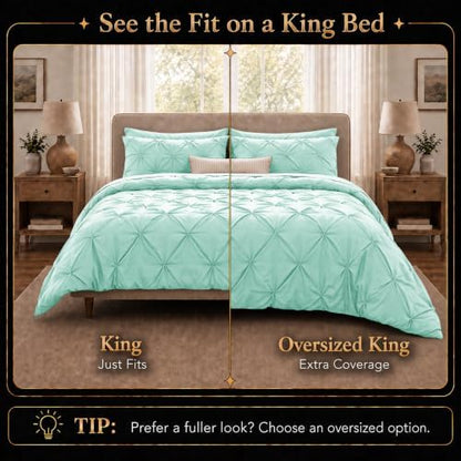 CozyLux King Size Comforter Set Mint Green, 7 Pieces Pintuck Bed in a Bag