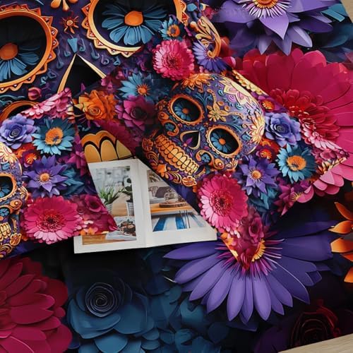 Pink Sugar Skull King Size Comforter Set，Girls Colorful Floral Skull King Size Bedding Set，with 1 Comforter with 2 Pillow Case