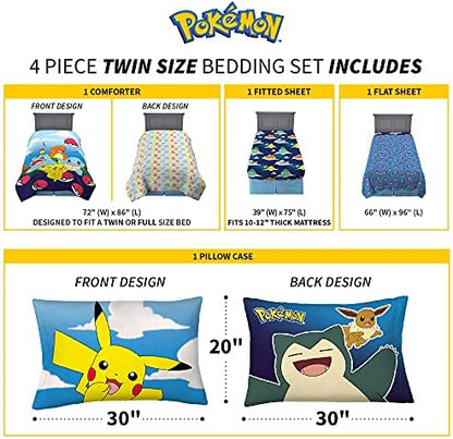 Franco Kids Bedding Super Soft Comforter and Sheet Set, 4 Piece Twin Size, Pokemon (Prints May vary)