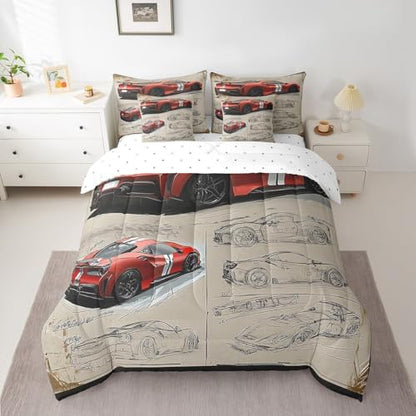 Feelyou Red Race Car Comforter Set with Sheets Full Size Kids Speed Sports Car Manuscript 7 Pieces Bedding Set for Boys Girls Teens Racing Car Line Bed in a Bag Breathable Extreme Sports Bed Set