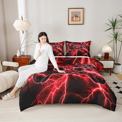 Erosebridal Gaming Comforter Set Gamer Girl Toddler Bedding Set, Retro Game Console Comforter Red Lightning Quilt,Kids Bedroom Decor