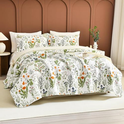 Lady Ann Oversized King Bedspreads 128x120,100% Cotton Floral Quilt Coverlet California King Size Extra Large Yellow Flowers & Leaves Pattern Plant Botanical Printed Lightweight Bedding Set, 3Pcs