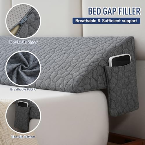 Patented Bed Wedge Pillow for Headboard Gap, Filler Between Mattress Gaps (0-7"), Comfortable Supportive High Density Cushioned Foam Pillows, Stay in Place Gripping Dots, King Soft Gray (76"x10"x6")
