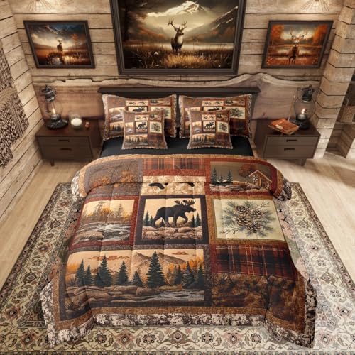Erosebridal Hunting Deer Moose 7 Piece Bedding Set King Size,Cabin Lodge Bed in a Bag,Rustic Farmhouse Bed Set Includes Comforter, Sheet Set, Pillowcases & Pillow Covers All Season Bedroom Decor