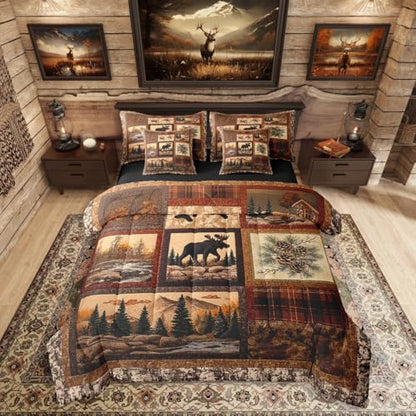 Erosebridal Hunting Deer Moose 7 Piece Bedding Set King Size,Cabin Lodge Bed in a Bag,Rustic Farmhouse Bed Set Includes Comforter, Sheet Set, Pillowcases & Pillow Covers All Season Bedroom Decor